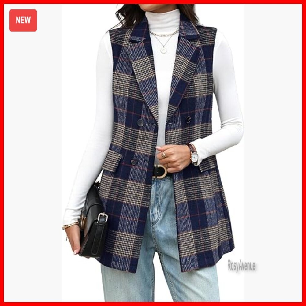 Long Sleeveless Plaid Vest Double Breasted Blazer Jacket with Pockets